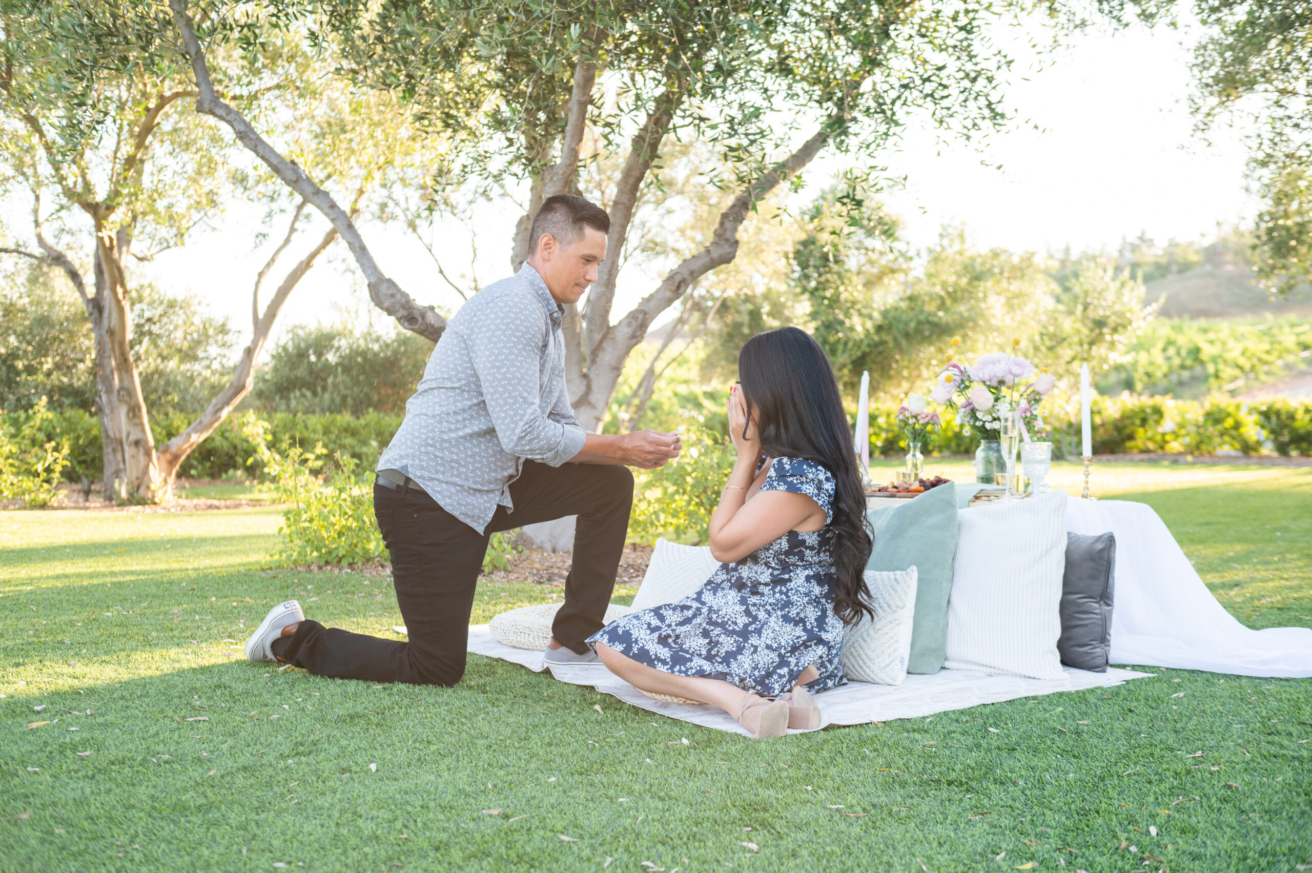 A man kneeling on one knee in a garden, presenting a ring to a woman sitting on a blanket. The woman, wearing a floral dress, has her hands covering her face in surprise. A picnic setup with flowers is nearby.