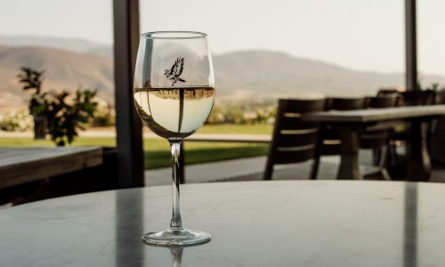 A glass of white wine with a logo, placed on a marble table. In the background, there are outdoor seating areas, greenery, and mountains under clear skies, typical of a vineyard setting.