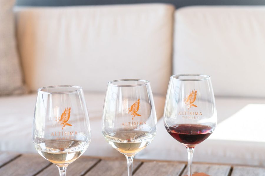 Three wine glasses holding a white wine, a rosé, and a red wine on a wooden tasting tray. The tray also holds several chocolate pieces, set against a light-colored couch and a simple background, showcasing a winery tour experience.