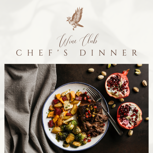 A plate featuring tender beef, roasted vegetables including potatoes, brussels sprouts, and a pomegranate half, with a fork placed beside it, and text overlay reading 'Wine Club Chef's Dinner'.