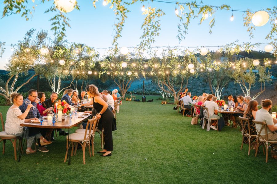 An outdoor dining setup with long tables on a grassy area, decorated with string lights and flowers. Guests are enjoying a meal, sitting at tables under trees. The evening sky is visible in the background.