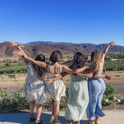 Four women standing side by side with their arms around each other's shoulders, facing away from the camera. They are wearing summer dresses, with a scenic view of rolling hills and vineyards in the background under a clear blue sky.